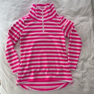 Dudley Stephens Vella Fleece Cobble Hill Turtleneck Neon Pink + White Stripe - M